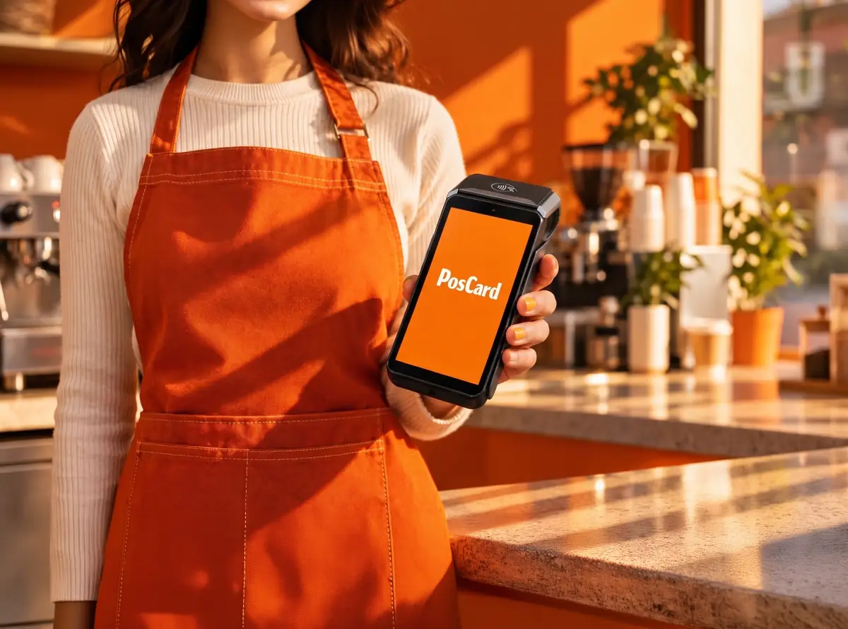 Barista con delantal naranja mostrando una terminal PosCard en su café