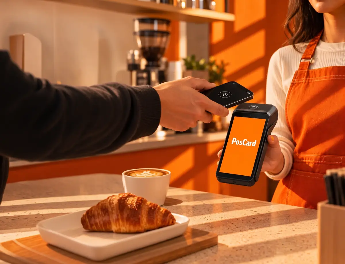 Cliente pagando con el celular sin contacto en una terminal PosCard en un café